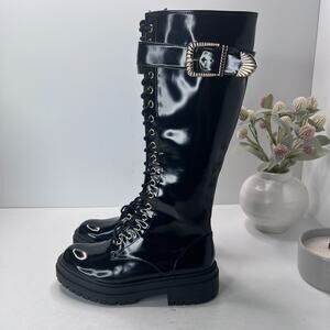 Gianni Bini Sky Scraper Platform Knee High Lug Sole Boots Black Women 6.5M